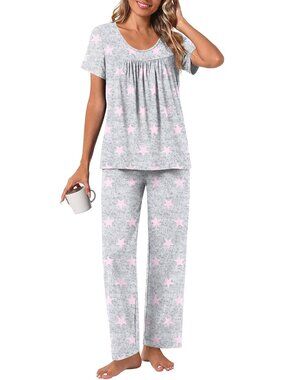 Women's Grey pink Flowers Loungewear 2 Piece Pajama Sets Sleepwear with Pockets
